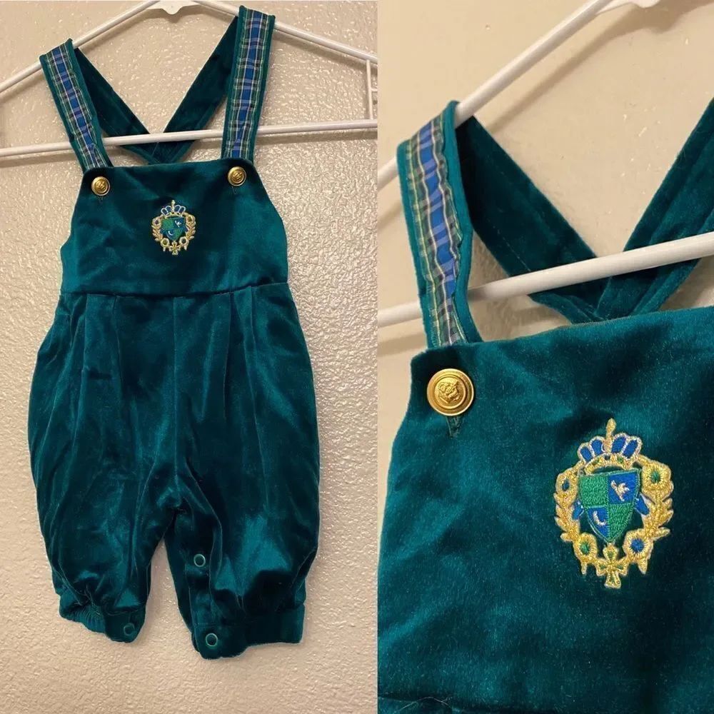 Vintage Baby Velvet green Emerald Overalls plaid tartan gold buttons royal 12mo
